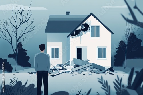 Homeowner stands in front of damaged house after storm during the day in minimalistic style