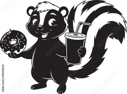 A cartoon skunk holding a donut and a drink Vector, illustration
