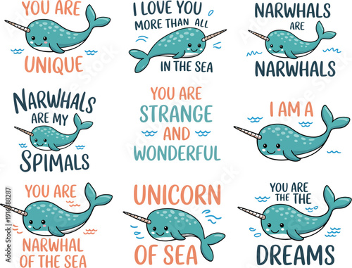 Cute Narwhal Characters with Various Messages in Blue and Orange Colors cartoon