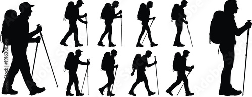 Professional hiker silhouettes set, trekking and mountain walking icons, outdoor adventure and backpacking people for nature and travel design,