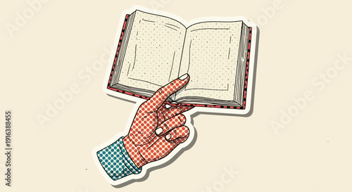hand holding open book illustration, reading concept