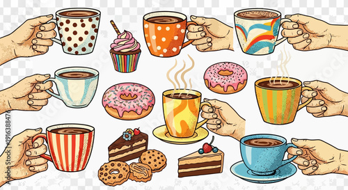 Coffee cups and desserts illustration, cafe, bakery, sweet treats, hand drawn
