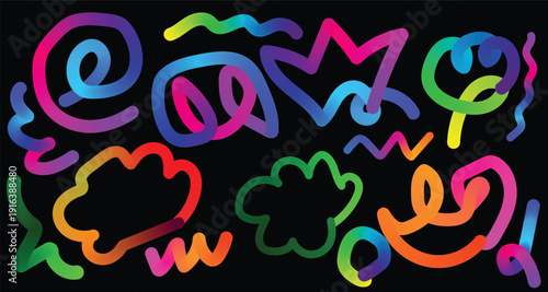 Vibrant colorful squiggles and shapes on white background