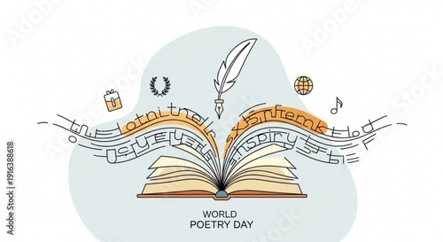 World poetry day illustration with open book quill pen and musical notes celebrating literature and creativity in a minimalist design