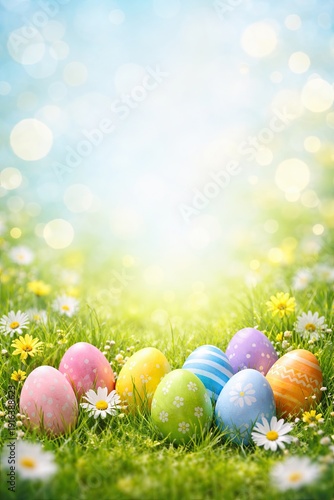 Colorful Easter eggs with floral patterns on fresh spring grass field and daisies, vertical background view