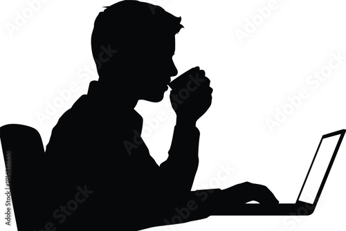 Professional male freelancer silhouette working on laptop and drinking coffee, side view of creative man at desk for remote office,