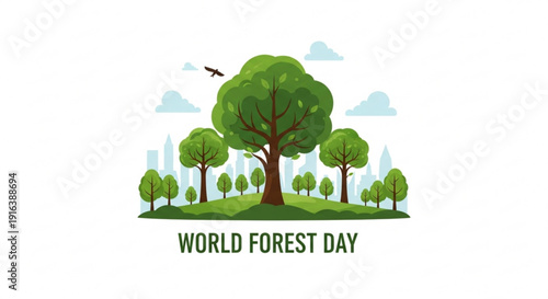 World forest day illustration with green trees bird and cityscape background eco friendly concept environmental awareness symbol forest conservation theme vibrant colors