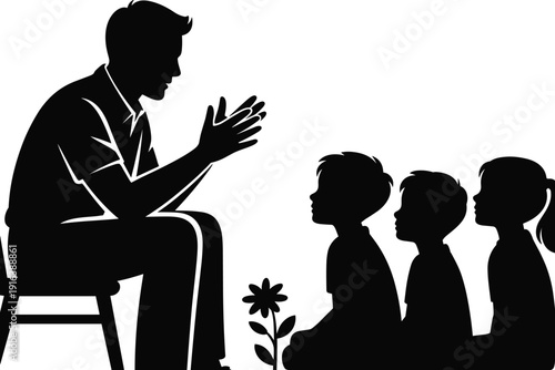 Professional male teacher silhouette telling stories to children, preschool lesson and elementary school education icon for classroom learning design,