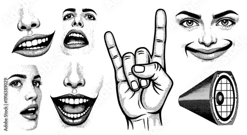 rock hand gesture, faces, speaker, halftone illustration