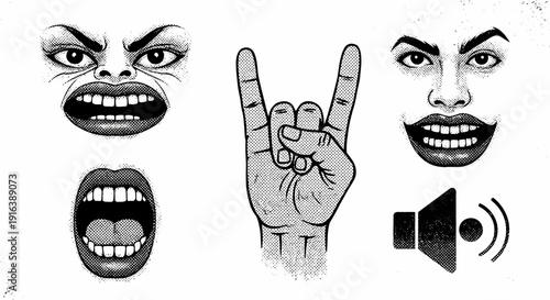 rock hand gesture, angry faces, loud sound symbol, heavy metal music