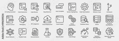 AI Coding Assistant Outline Icon Set. Line icons of AI Coding Assistant, Code Generation, Code Review, Bug Detection, Auto Complete, Code Optimization, Refactor Code, Debugging, and more.