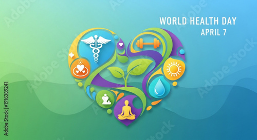 World health day concept with heart shaped green leaves and wellness icons on blue green gradient background promoting health awareness on april 7