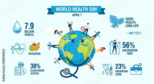 World health day infographic with global health statistics and symbols on april 7th