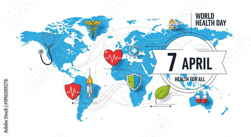 World health day illustration with global map medical symbols and '7 april health for all' banner on white background