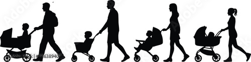 Professional parents walking with baby strollers silhouettes set, young families with carriages icons for parenting, childcare, and outdoor lifestyle design,