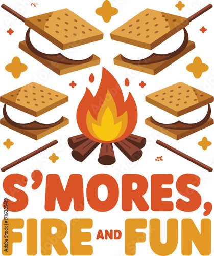 Colorful s'mores being roasted over a campfire with text s'mores fire and fun roasting
