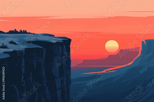 Sunset over canyon with cliffs and sky in minimal design in 8K resolution