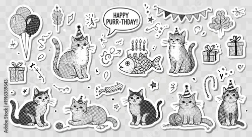 Cat birthday stickers, happy purr-thday, party decorations, cute cats, vector illustration