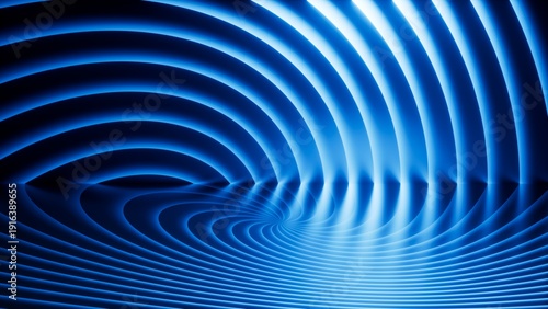 Abstract neon light background. Multiple blue laser waves form a radiating mesh of concentric stripes, producing a vibrant sci-fi backdrop with energy and depth. 3d render illustration.
