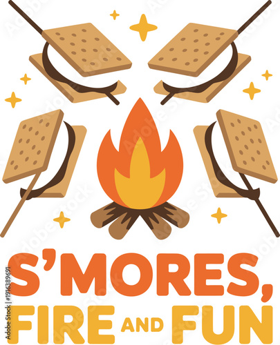 S'mores being roasted over a campfire with text s'mores fire and fun roasting marshmallows