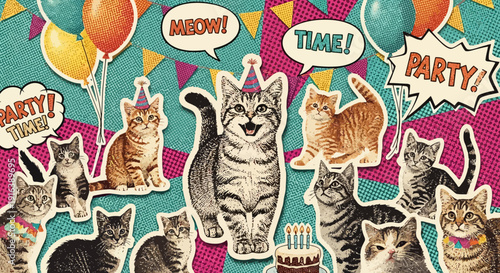 Cat party celebration with balloons and cake, festive birthday