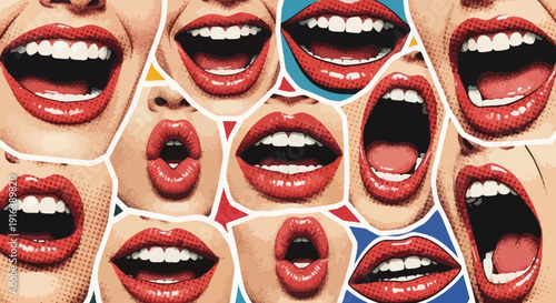 mouths collage, red lips, expressions, emotions, open mouths, smiling, happy