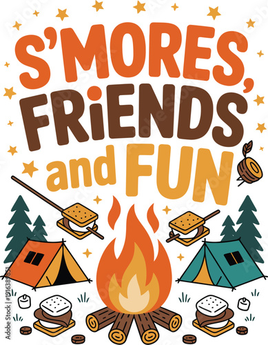 Colorful Camping Scene with S'mores and Tents Near a Fire marshmallows