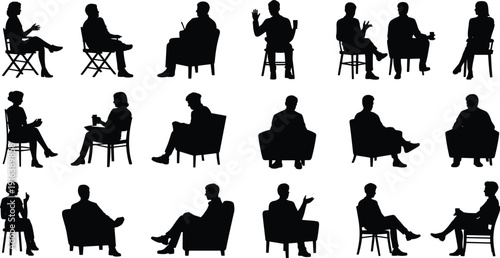 Professional people sitting in chairs silhouettes set, men and women talking in armchairs, corporate meeting and office lounge icons,