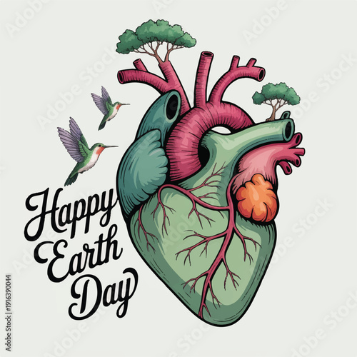Anatomical Heart with Trees and Hummingbirds for Earth Day