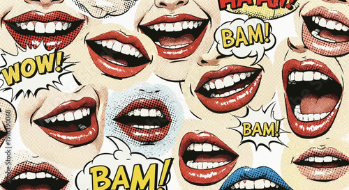 comic book lips, pop art style, expression, speech bubbles