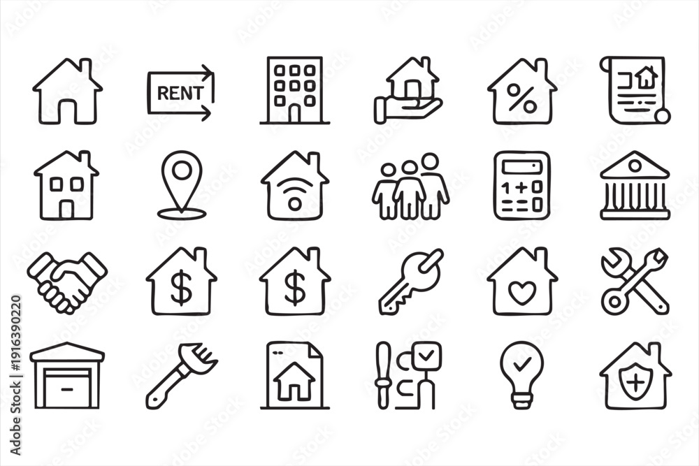 Fototapeta premium Modern Housing Outline Icons for Construction and Insurance Projects