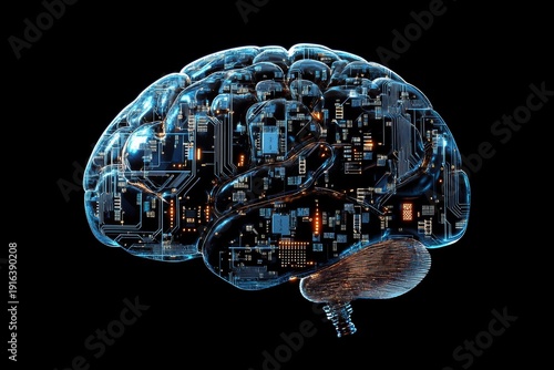 Human brain model made of circuits and microchips with a minimalist design in high resolution