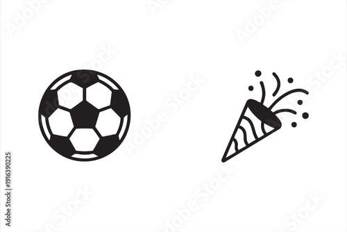 Minimal Black Soccer Ball and Party Popper Celebration Icons