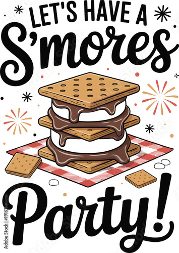 S'mores party with text and colorful decorations graham crackers