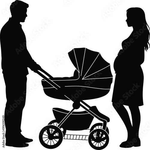 Professional silhouette of a pregnant woman and a man with a baby stroller, young couple expecting a newborn icon for parenting, family, and maternity design,