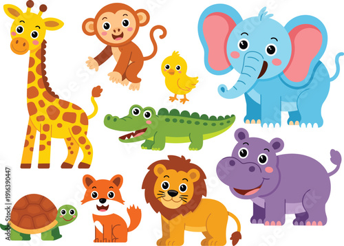 Colorful cartoon animals including giraffe monkey crocodile elephant fox lion and hippo