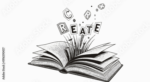 creative book with create text, imagination and knowledge concept