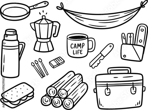 Camping gear and supplies illustrated in black and white line style