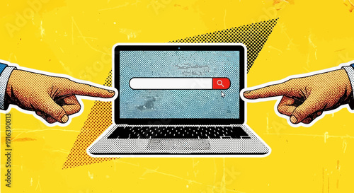 hands pointing laptop search bar, online information concept