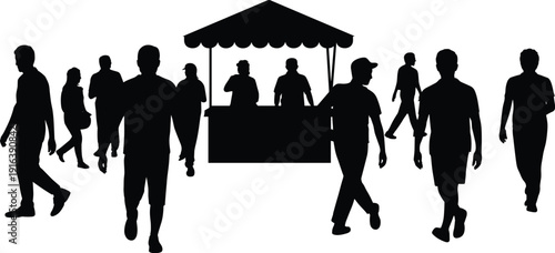 Professional street food stall silhouette with people walking and standing, outdoor market vendor and customer icons for festival and city life design,