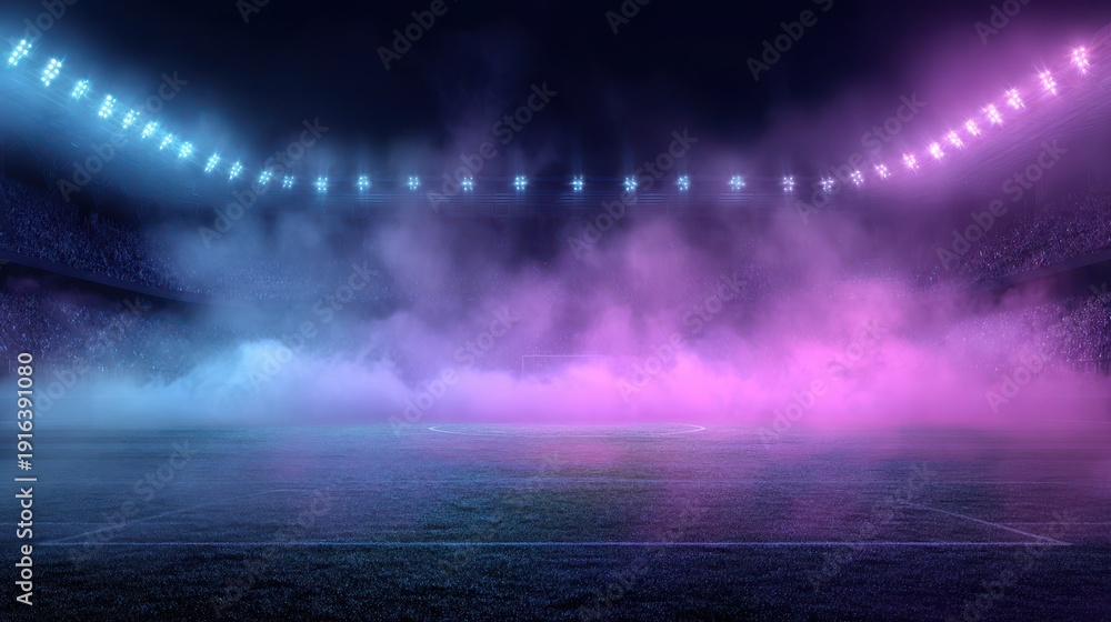 Fototapeta premium Cinematic sports stadium background with blue and pink neon lighting and thick fog or smoke at night