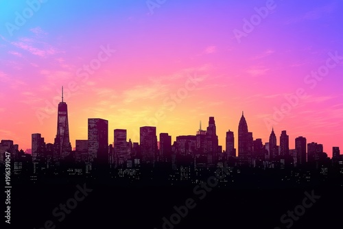 Silhouetted skyline under bright colorful sky at dusk