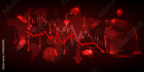 Vector illustrations of global economics with bear market and downward trend graph uptrend artwork and background financial and investment.