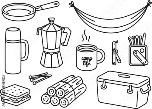 Black and white camping gear with frying pan, thermos, coffee maker, mug, sandwiches, firewood