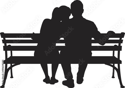 Romantic couple silhouette sitting on park bench, loving man and woman profile for relationship dating and emotional togetherness design,