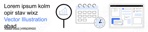 Data visualization, project planning, time management, web design, user interface, productivity tools. Magnifying glass over a chart, calendar clock and web layout. Data visualization and project