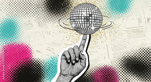 disco ball spinning on finger, retro style