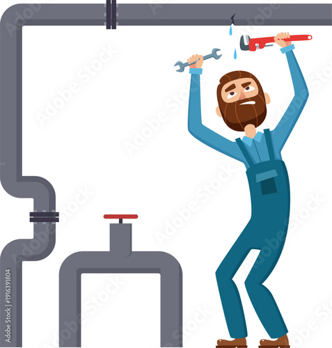 Plumber fix pipe leak. Cartoon repairman character at work