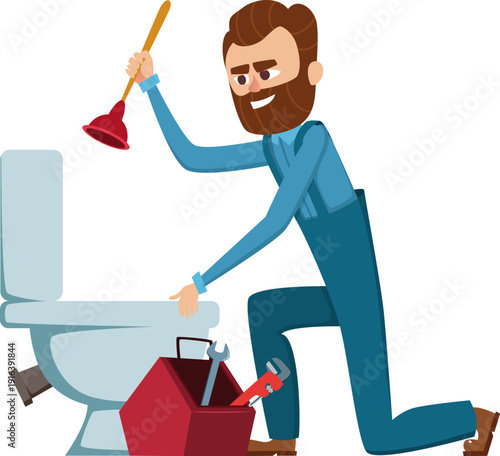 Plumber unclog toilet with plunger. Professional mechanic worker character