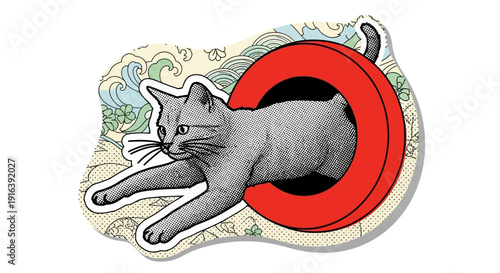 cat jumping through circle, vintage illustration